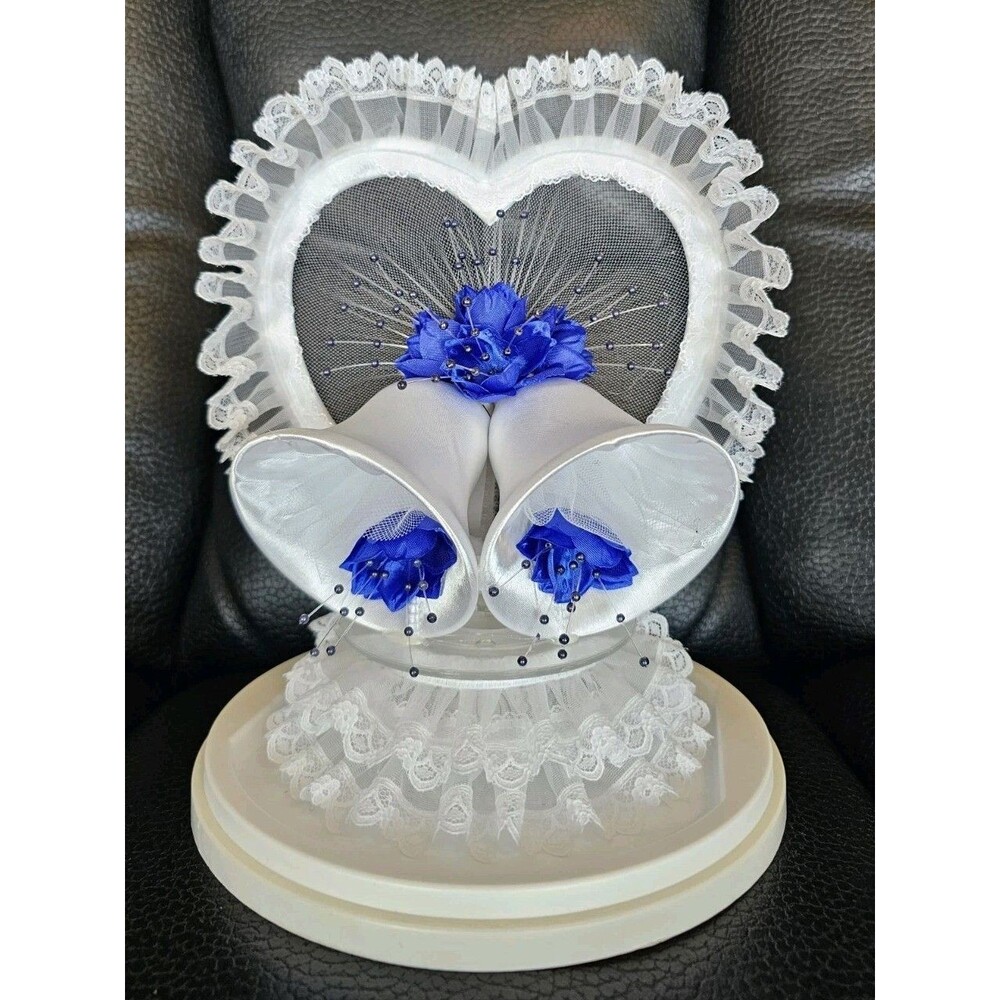 Wedding Cake Topper Lace Heart Satin Bells Royal Blue Roses & Case 8.5" Vintage